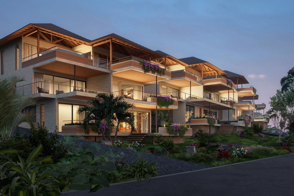 The six buildings of the Blue Bay Hills Residences with the Sapphire penthouses pictured on the third floor.