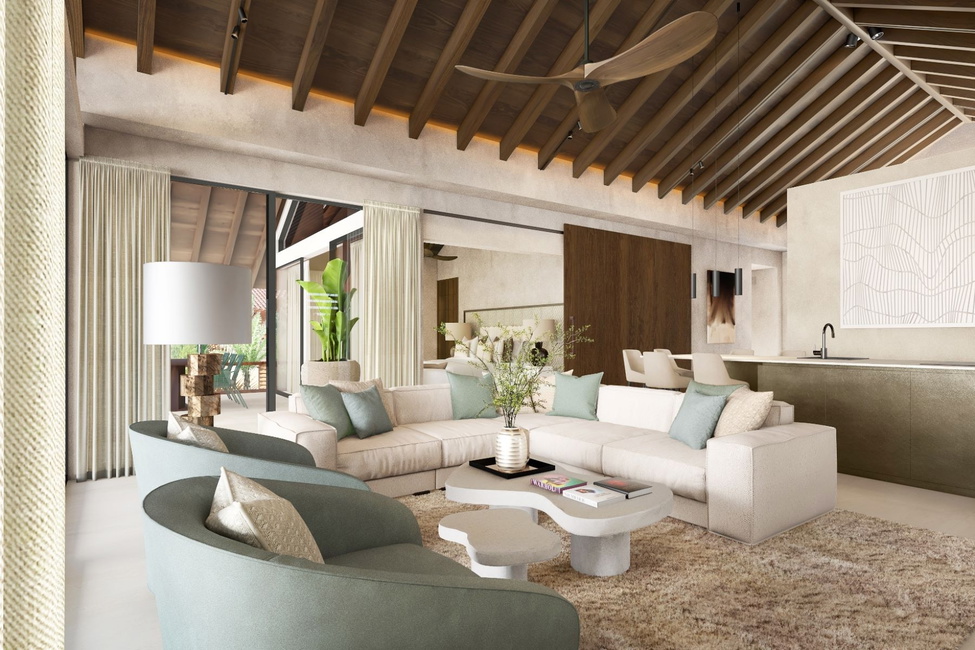 The grand living space with beam ceilings and open kitchen of the Sapphire penthouses.